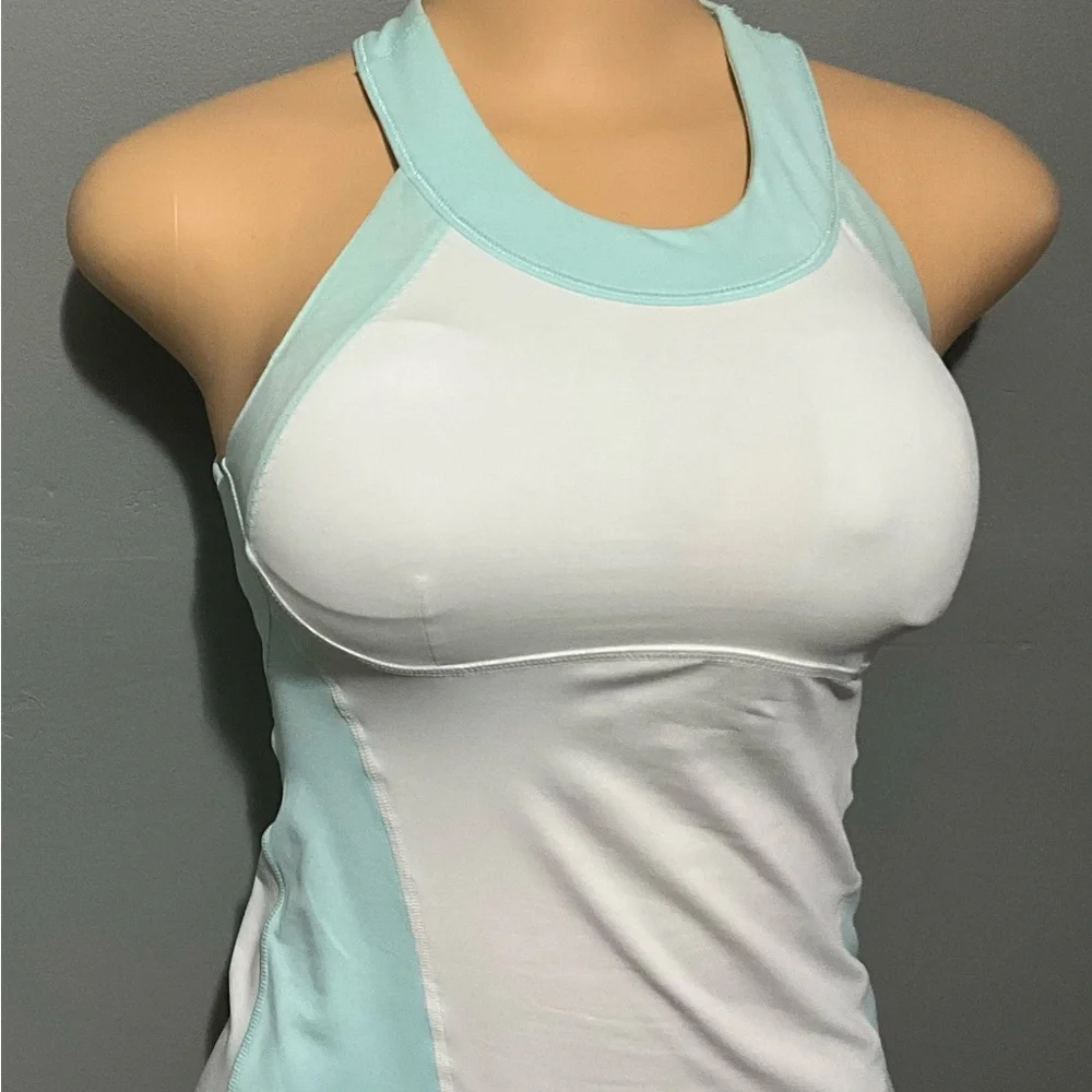 LULULEMON WOMENS SIZE 4 WHITE + AQUA HALTER TANK TOP. - Picture 5 of 14